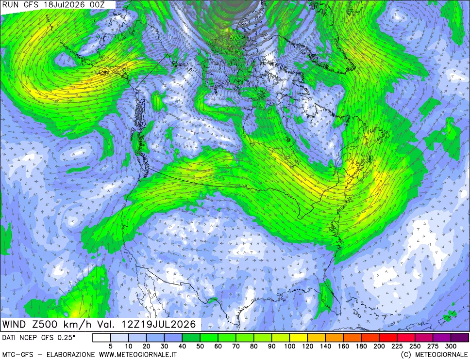 mappa 500 hPa Vento forza e direzione