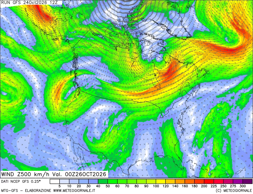 mappa 500 hPa Vento forza e direzione