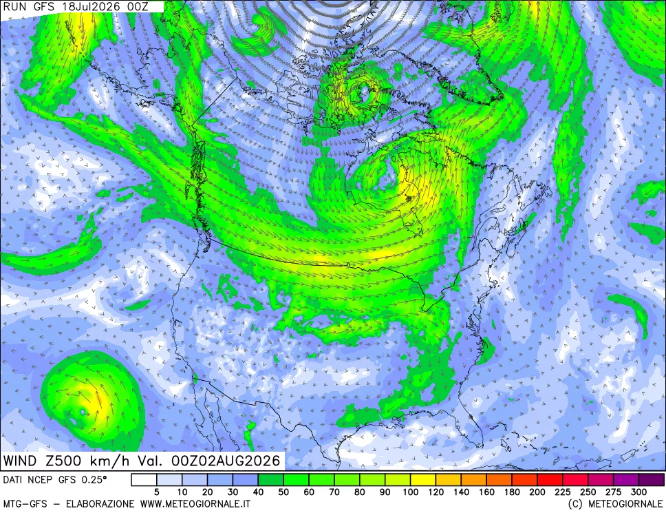 mappa 500 hPa Vento forza e direzione