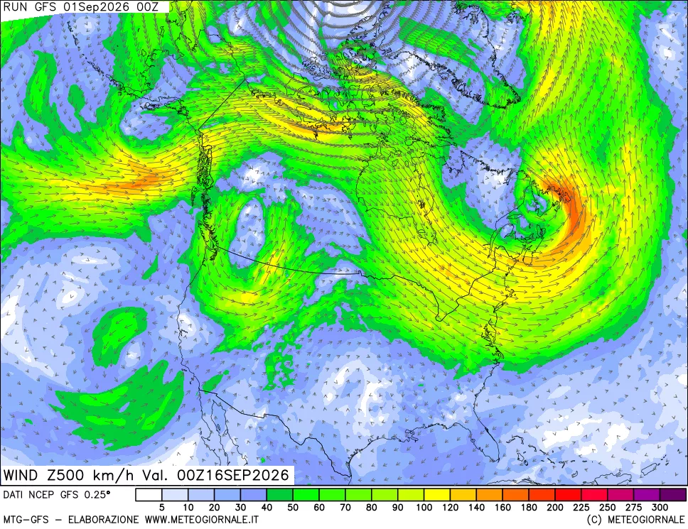 mappa 500 hPa Vento forza e direzione