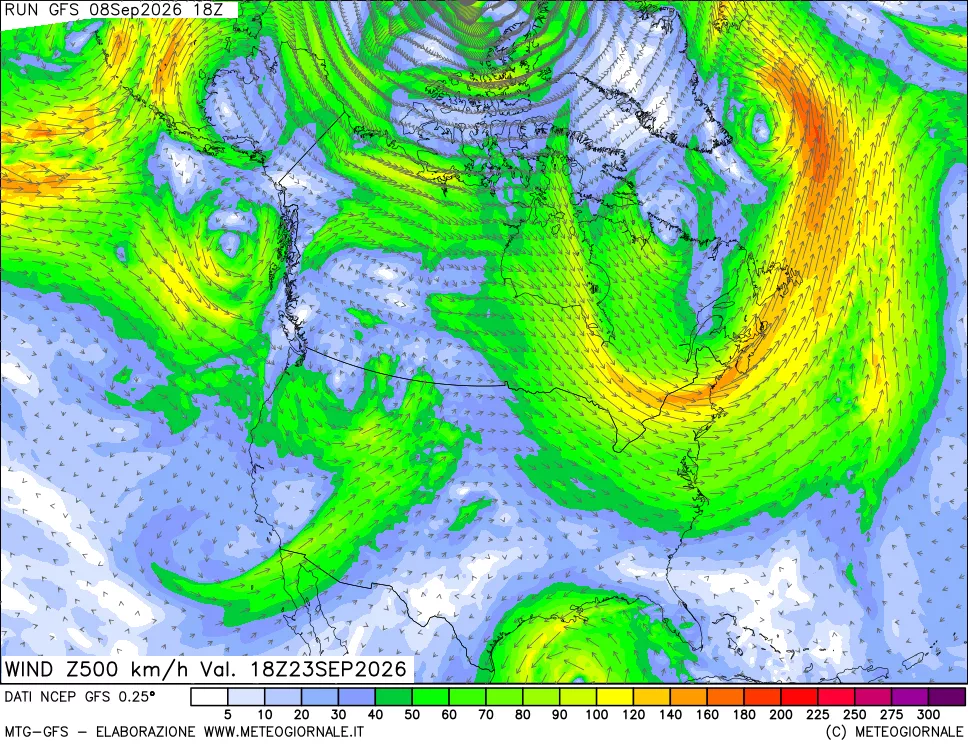mappa 500 hPa Vento forza e direzione