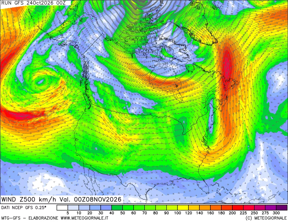 mappa 500 hPa Vento forza e direzione