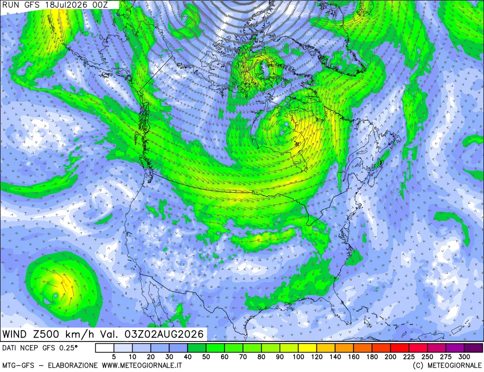 mappa 500 hPa Vento forza e direzione