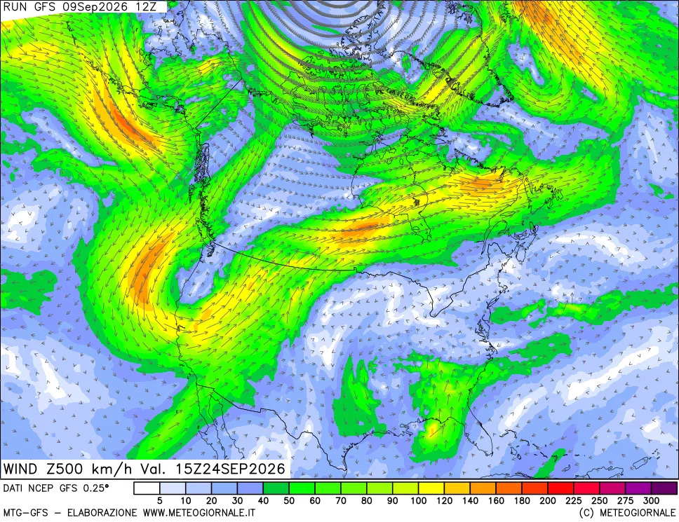 mappa 500 hPa Vento forza e direzione