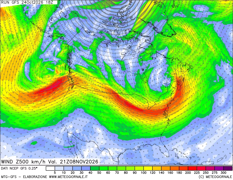 mappa 500 hPa Vento forza e direzione