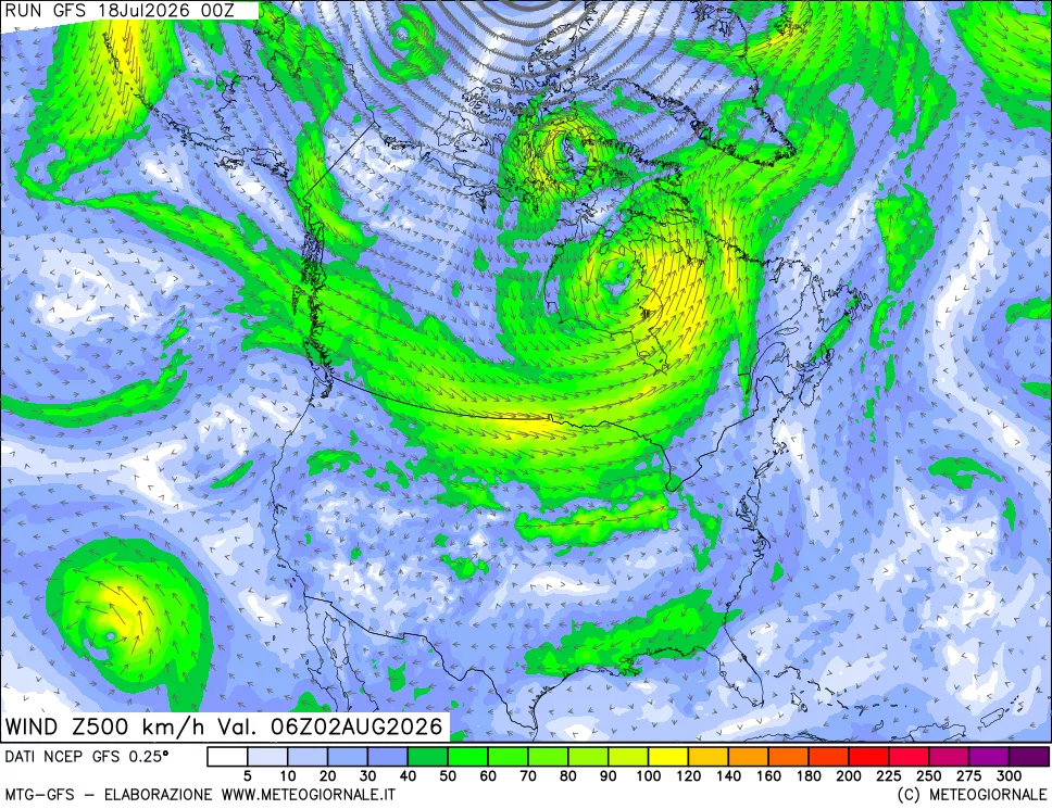 mappa 500 hPa Vento forza e direzione