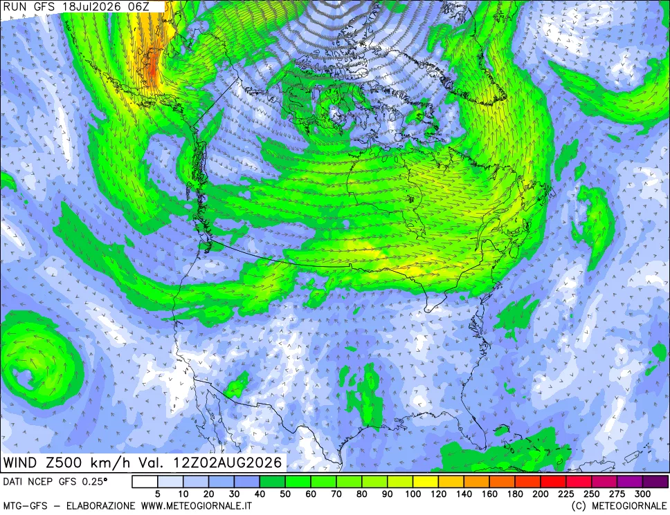 mappa 500 hPa Vento forza e direzione