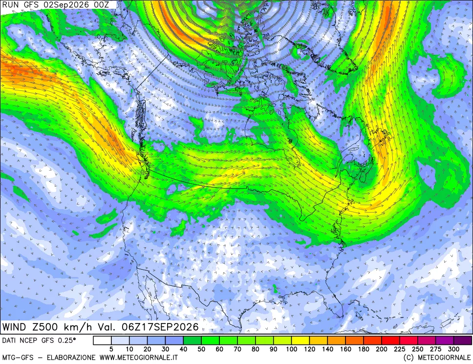 mappa 500 hPa Vento forza e direzione