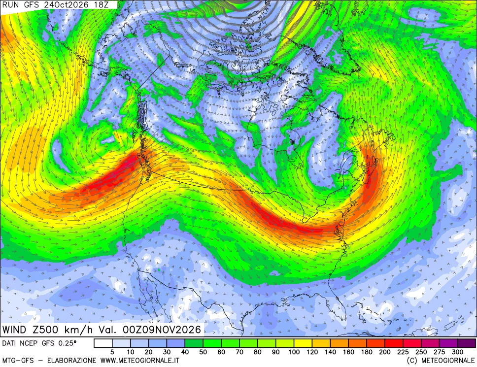 mappa 500 hPa Vento forza e direzione