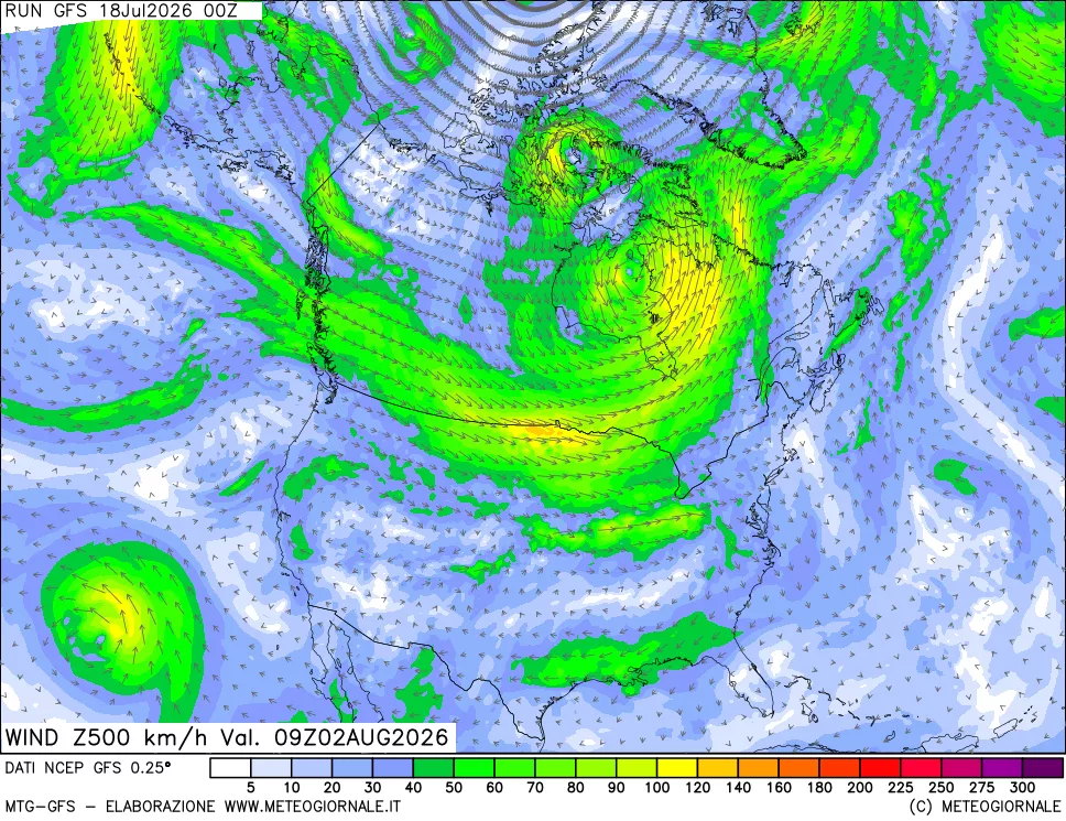 mappa 500 hPa Vento forza e direzione