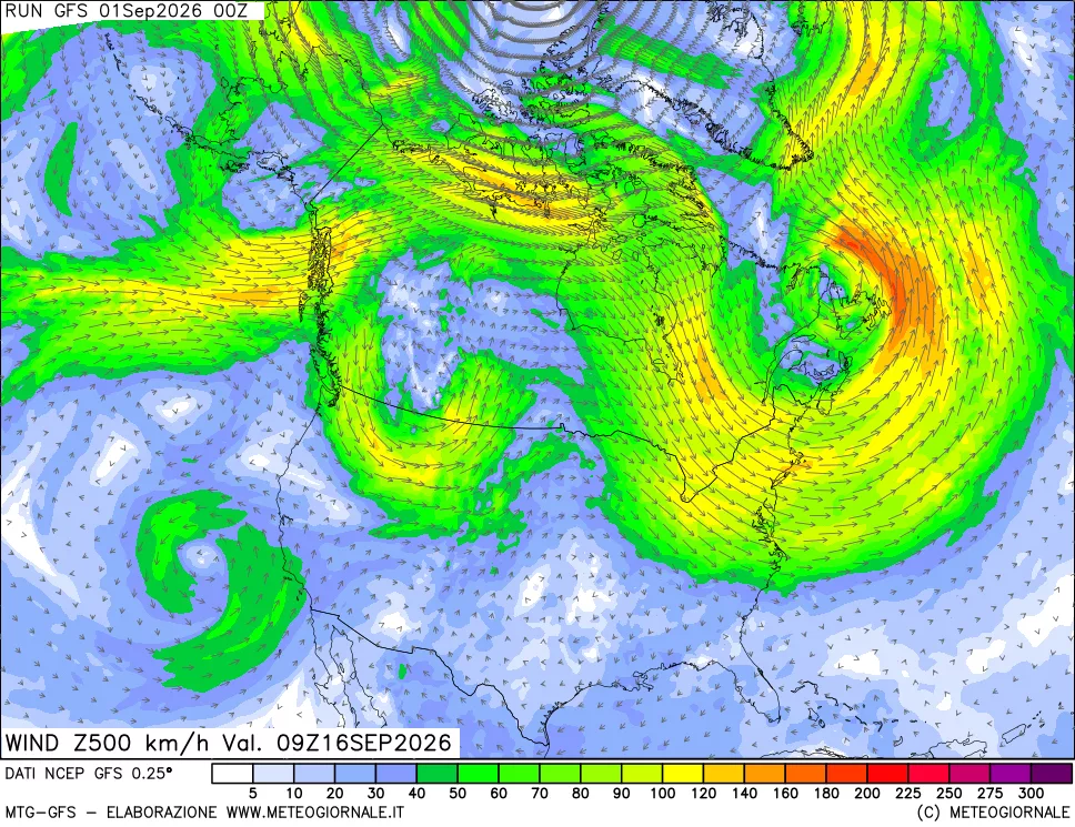 mappa 500 hPa Vento forza e direzione