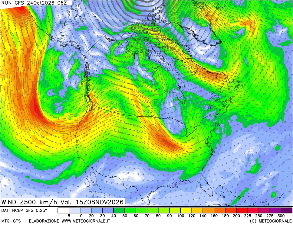 mappa 500 hPa Vento forza e direzione