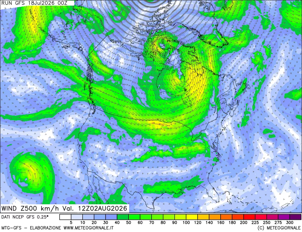 mappa 500 hPa Vento forza e direzione