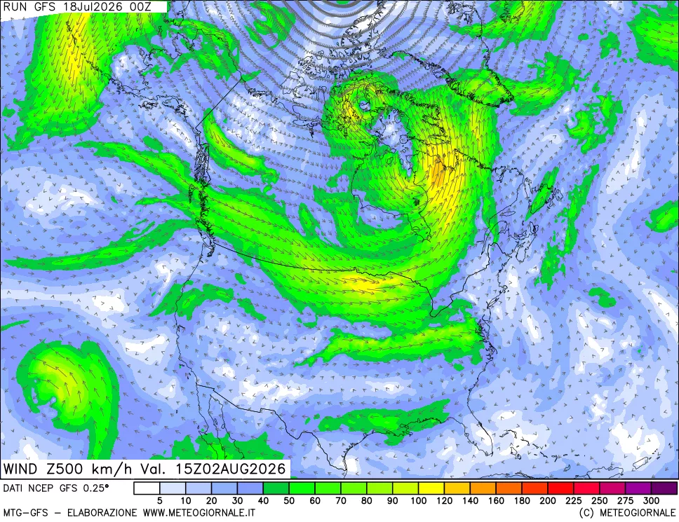 mappa 500 hPa Vento forza e direzione