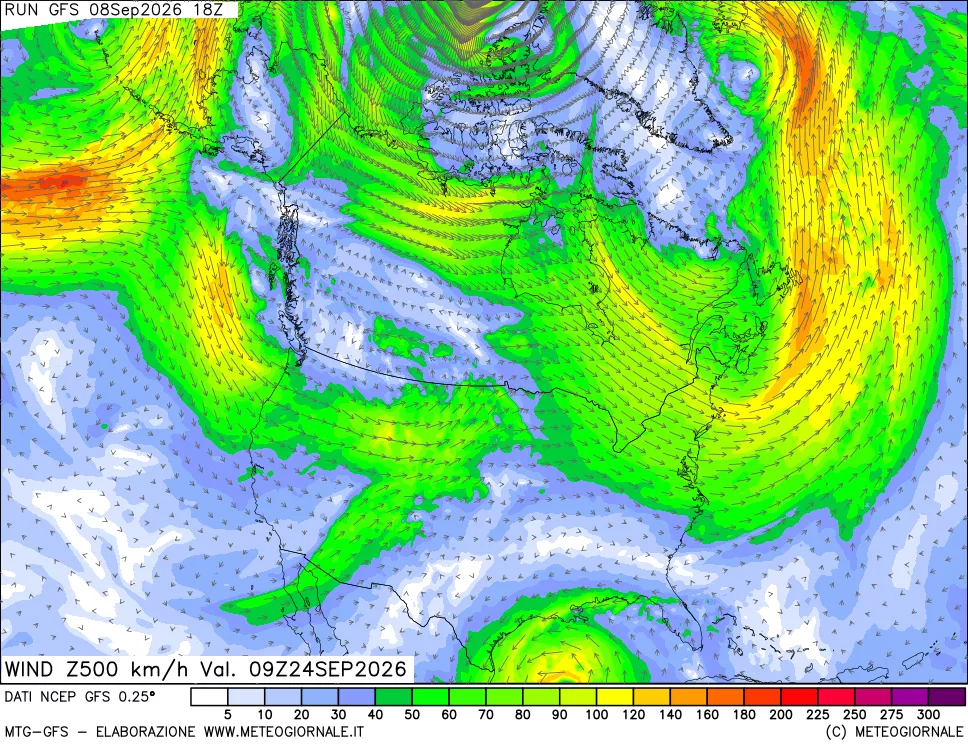 mappa 500 hPa Vento forza e direzione
