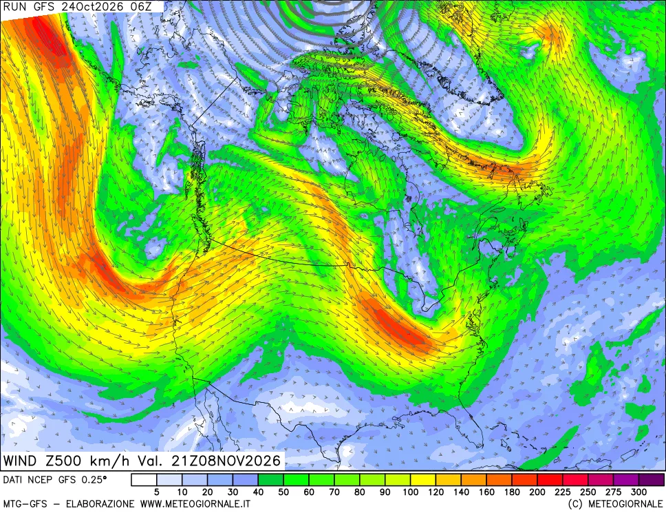 mappa 500 hPa Vento forza e direzione
