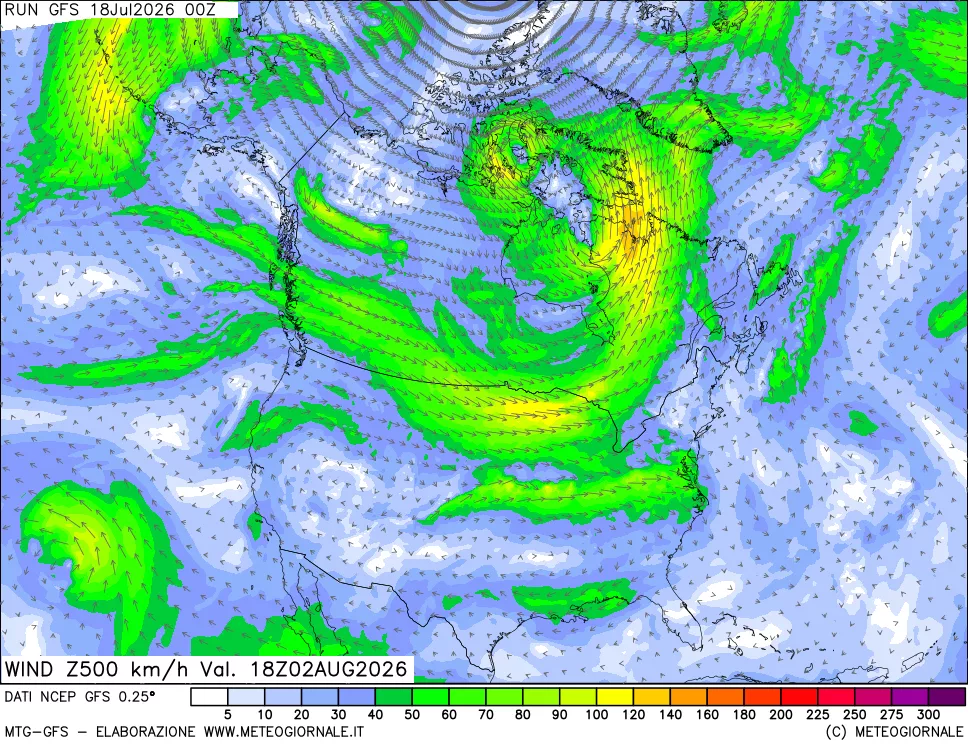 mappa 500 hPa Vento forza e direzione