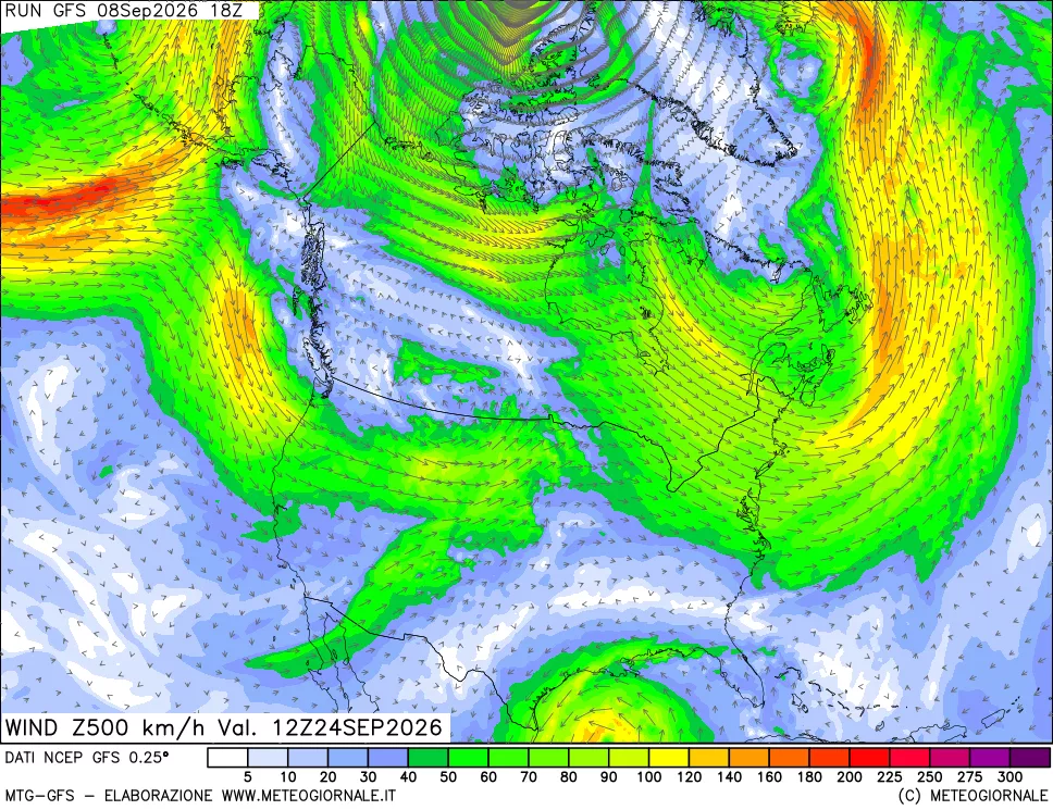 mappa 500 hPa Vento forza e direzione