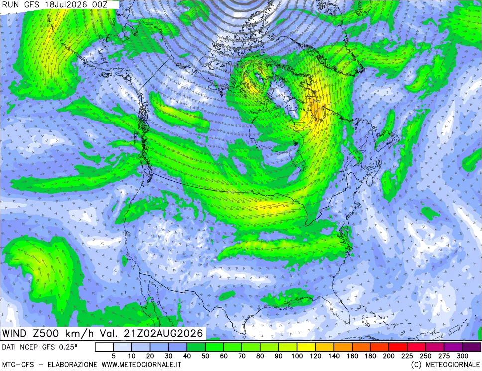 mappa 500 hPa Vento forza e direzione