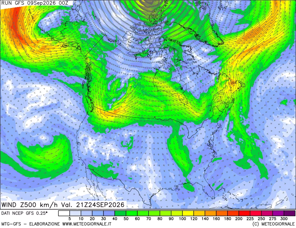 mappa 500 hPa Vento forza e direzione