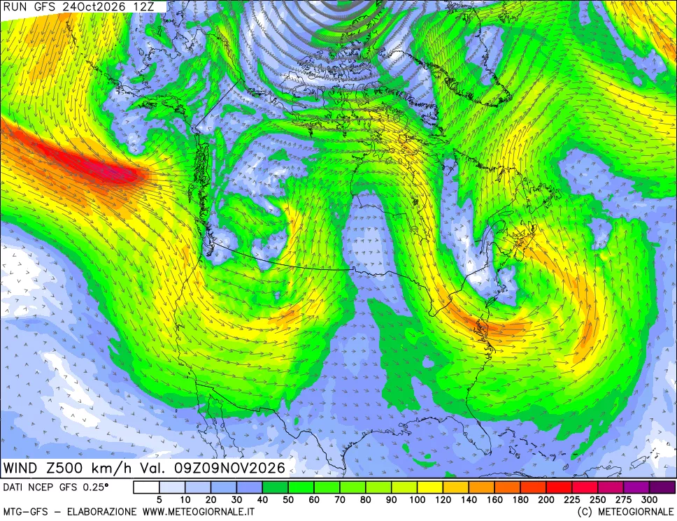 mappa 500 hPa Vento forza e direzione