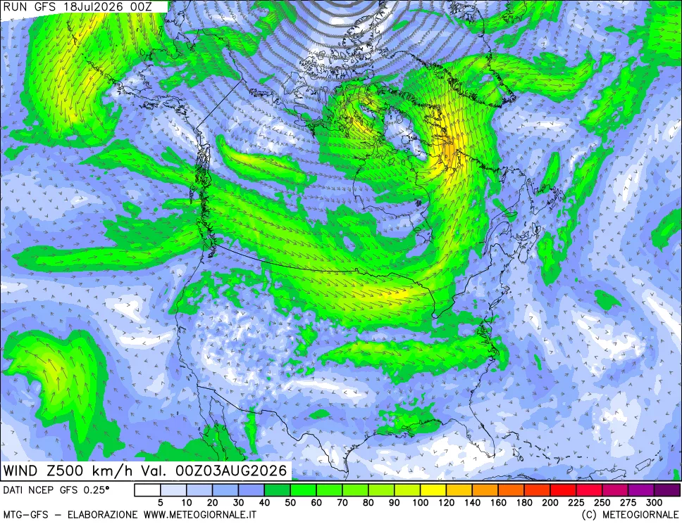 mappa 500 hPa Vento forza e direzione