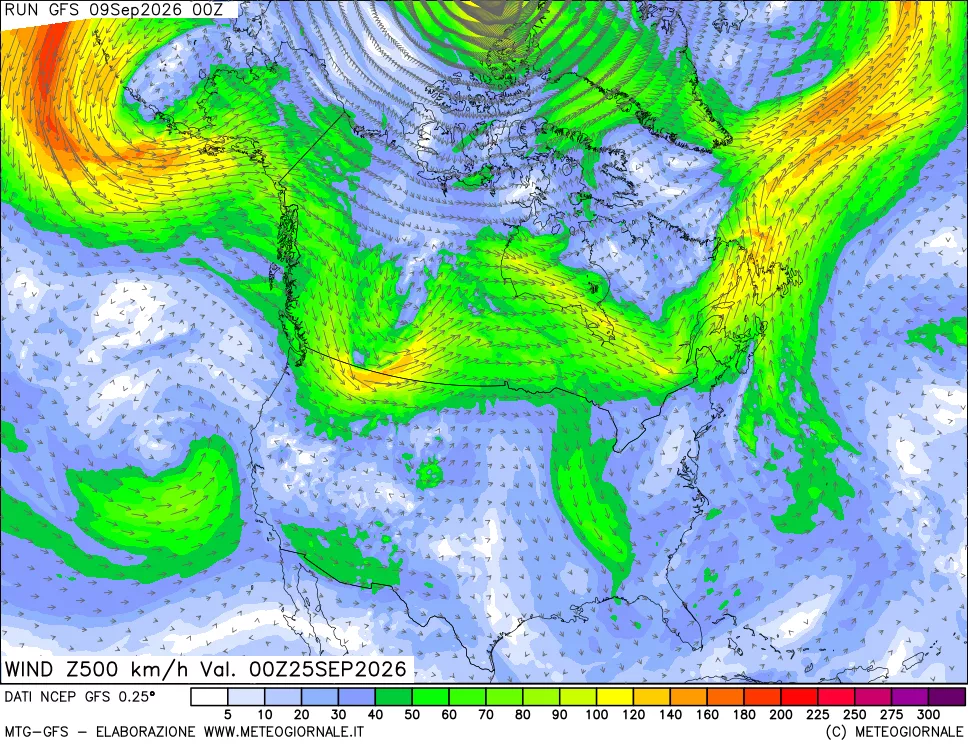mappa 500 hPa Vento forza e direzione