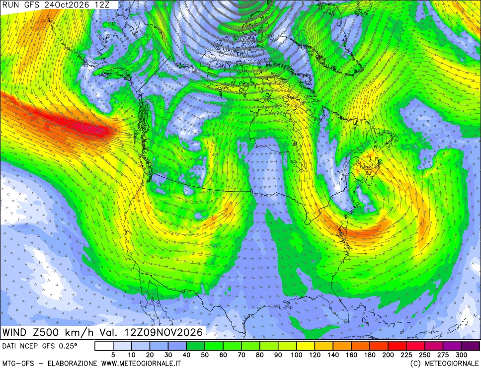 mappa 500 hPa Vento forza e direzione