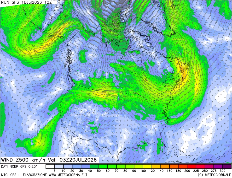 mappa 500 hPa Vento forza e direzione
