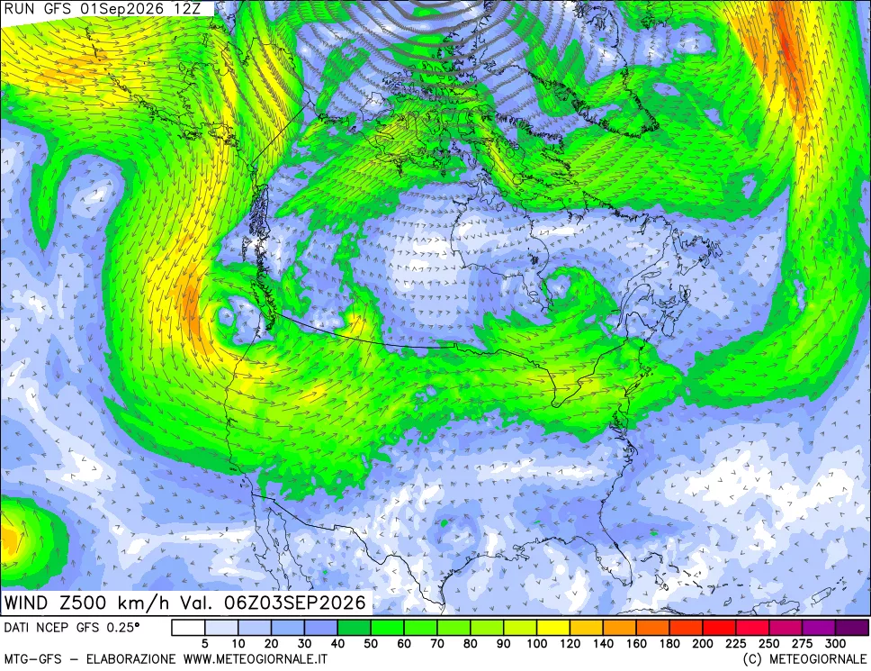 mappa 500 hPa Vento forza e direzione