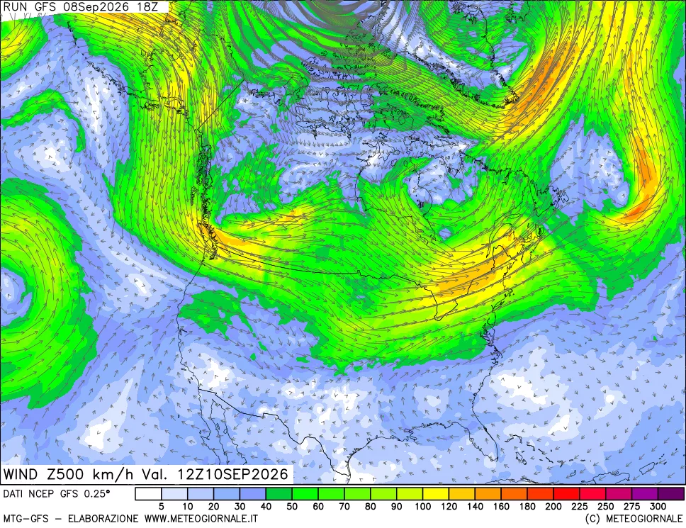 mappa 500 hPa Vento forza e direzione