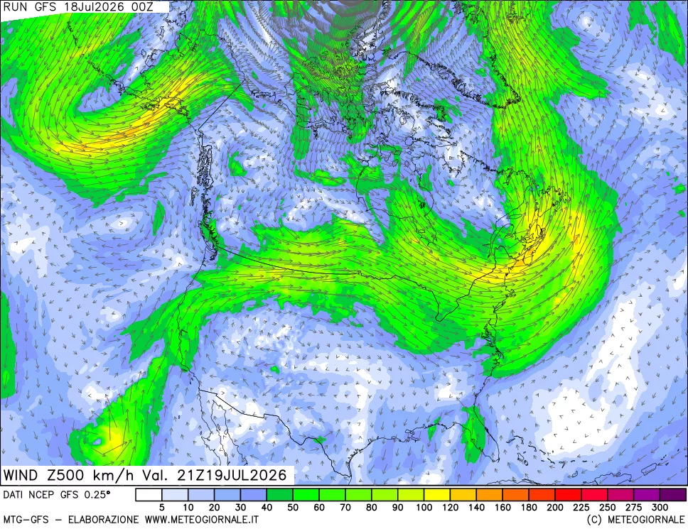 mappa 500 hPa Vento forza e direzione