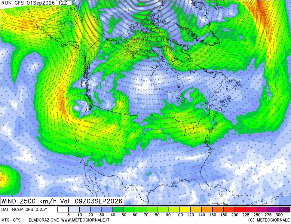 mappa 500 hPa Vento forza e direzione