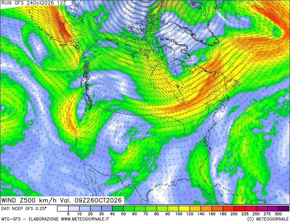 mappa 500 hPa Vento forza e direzione