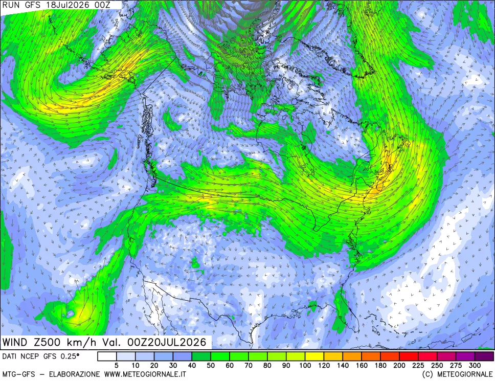 mappa 500 hPa Vento forza e direzione