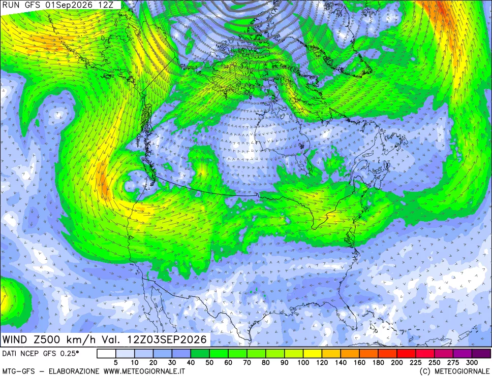 mappa 500 hPa Vento forza e direzione