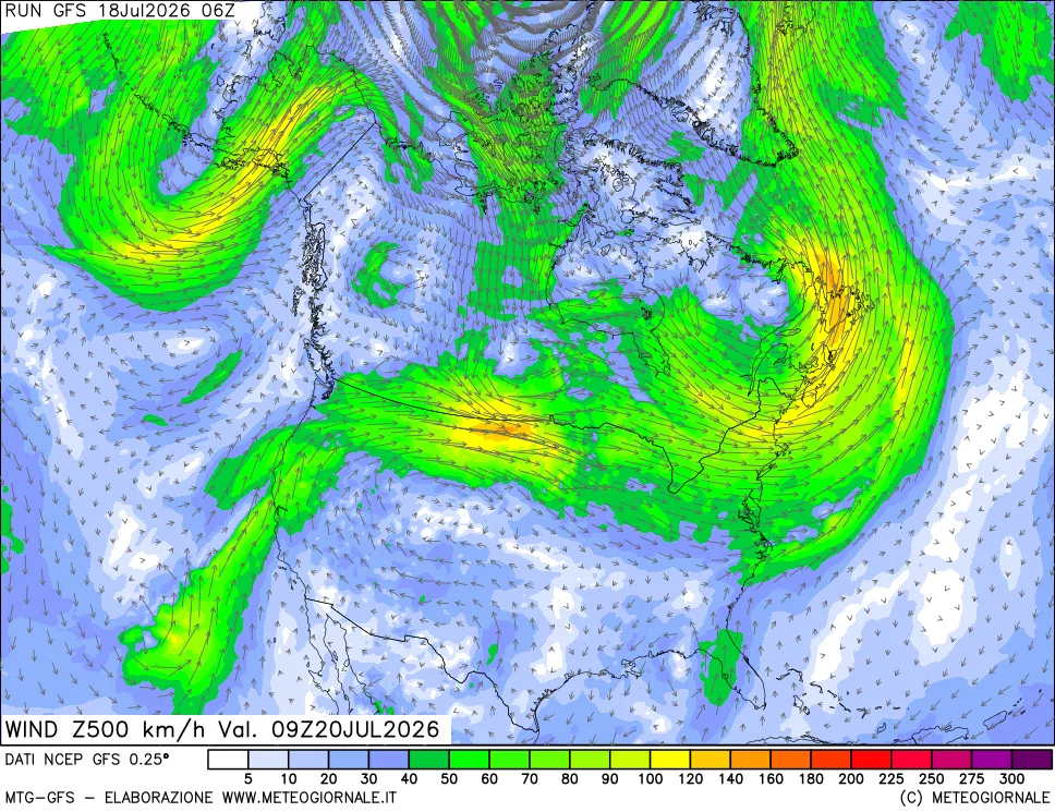 mappa 500 hPa Vento forza e direzione