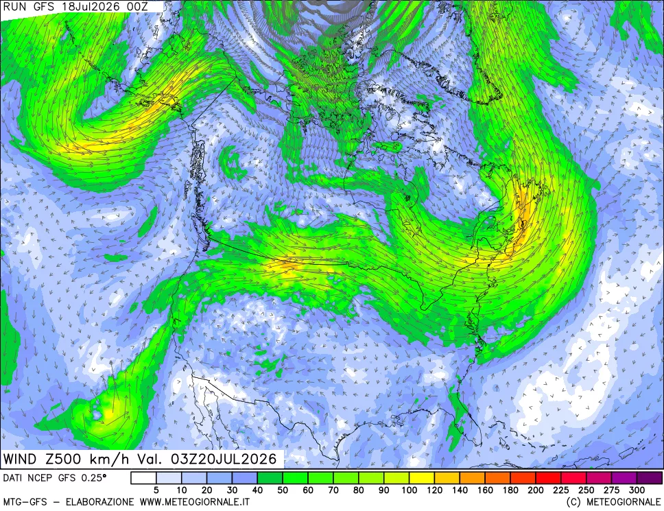 mappa 500 hPa Vento forza e direzione