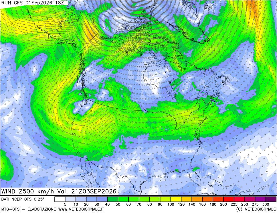 mappa 500 hPa Vento forza e direzione