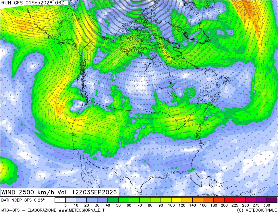 mappa 500 hPa Vento forza e direzione