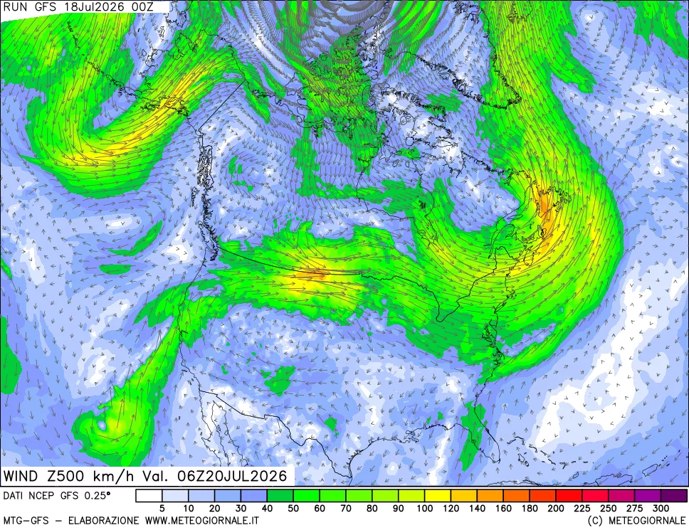 mappa 500 hPa Vento forza e direzione