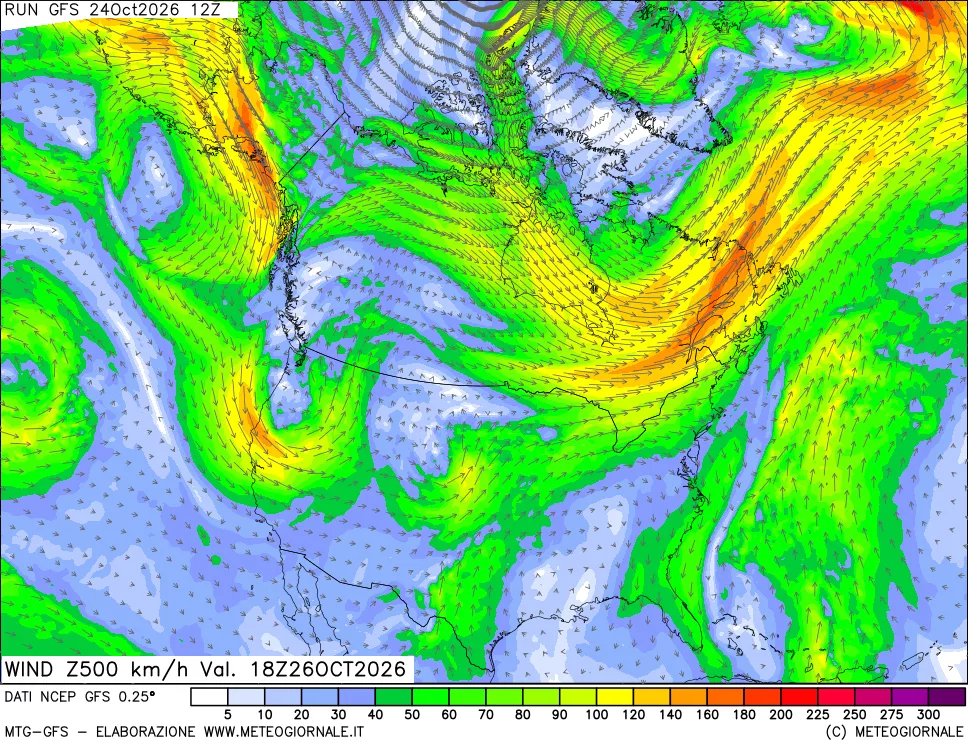 mappa 500 hPa Vento forza e direzione