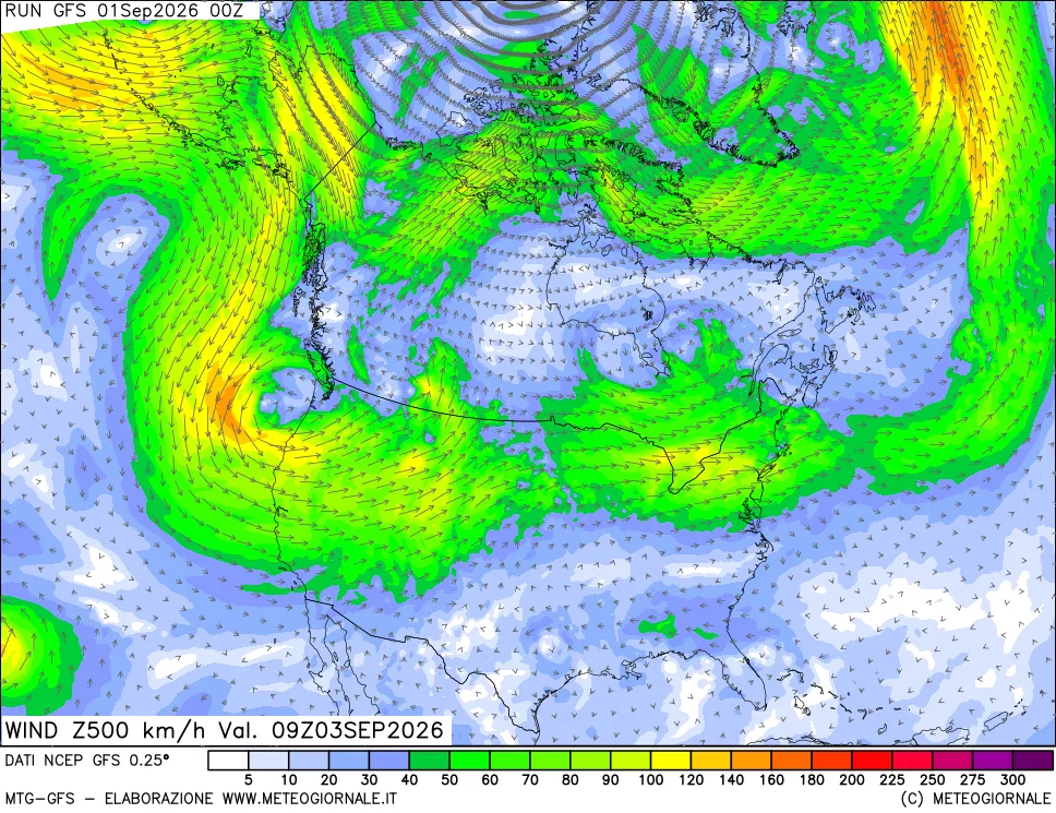 mappa 500 hPa Vento forza e direzione