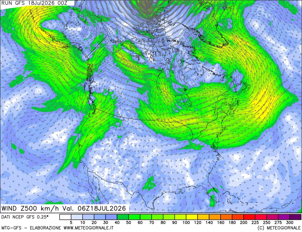 mappa 500 hPa Vento forza e direzione