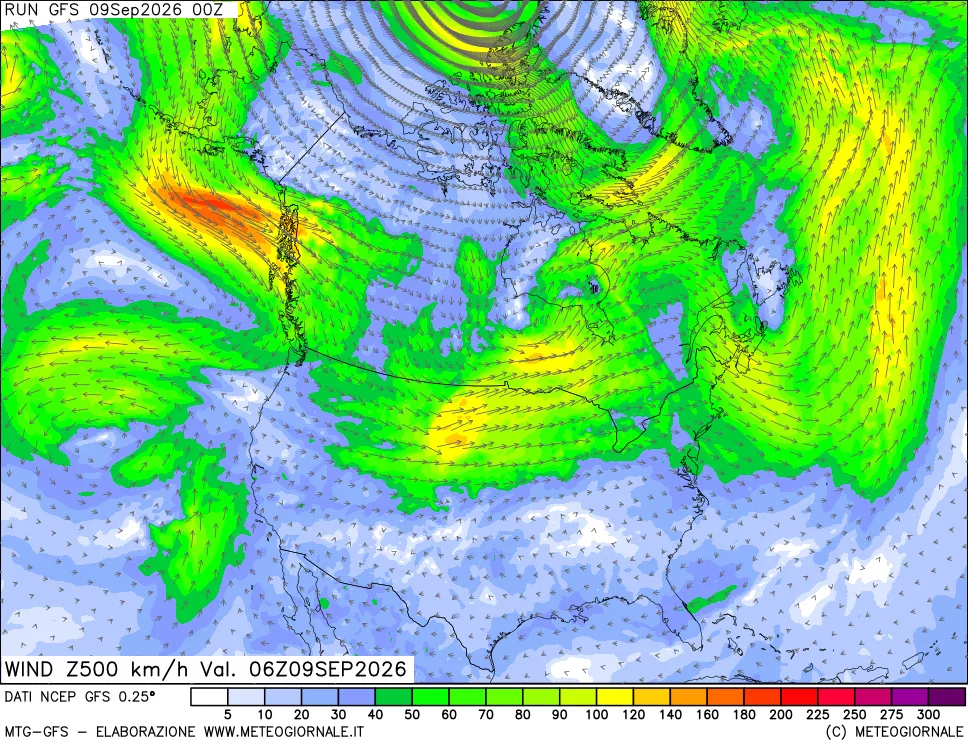 mappa 500 hPa Vento forza e direzione