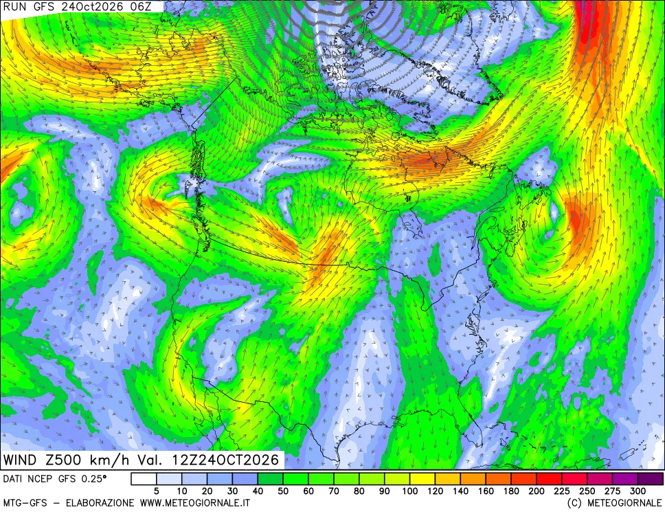 mappa 500 hPa Vento forza e direzione
