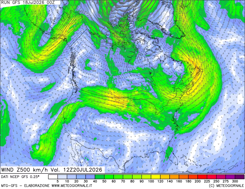 mappa 500 hPa Vento forza e direzione