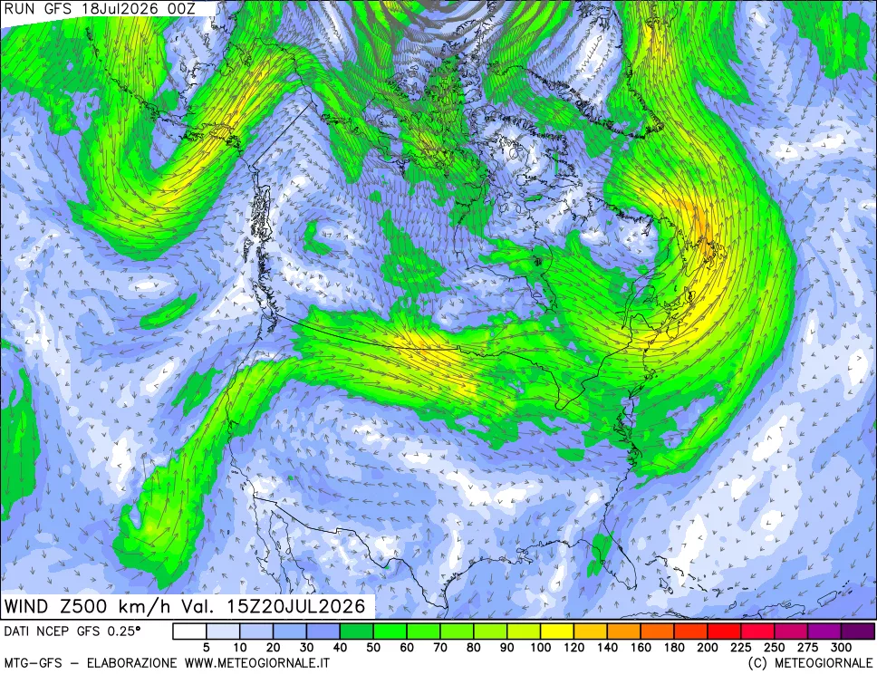 mappa 500 hPa Vento forza e direzione