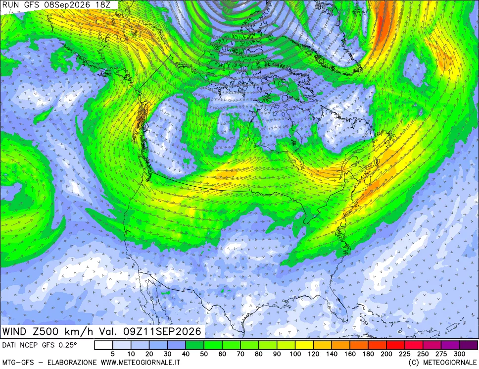mappa 500 hPa Vento forza e direzione