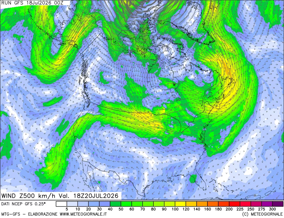 mappa 500 hPa Vento forza e direzione